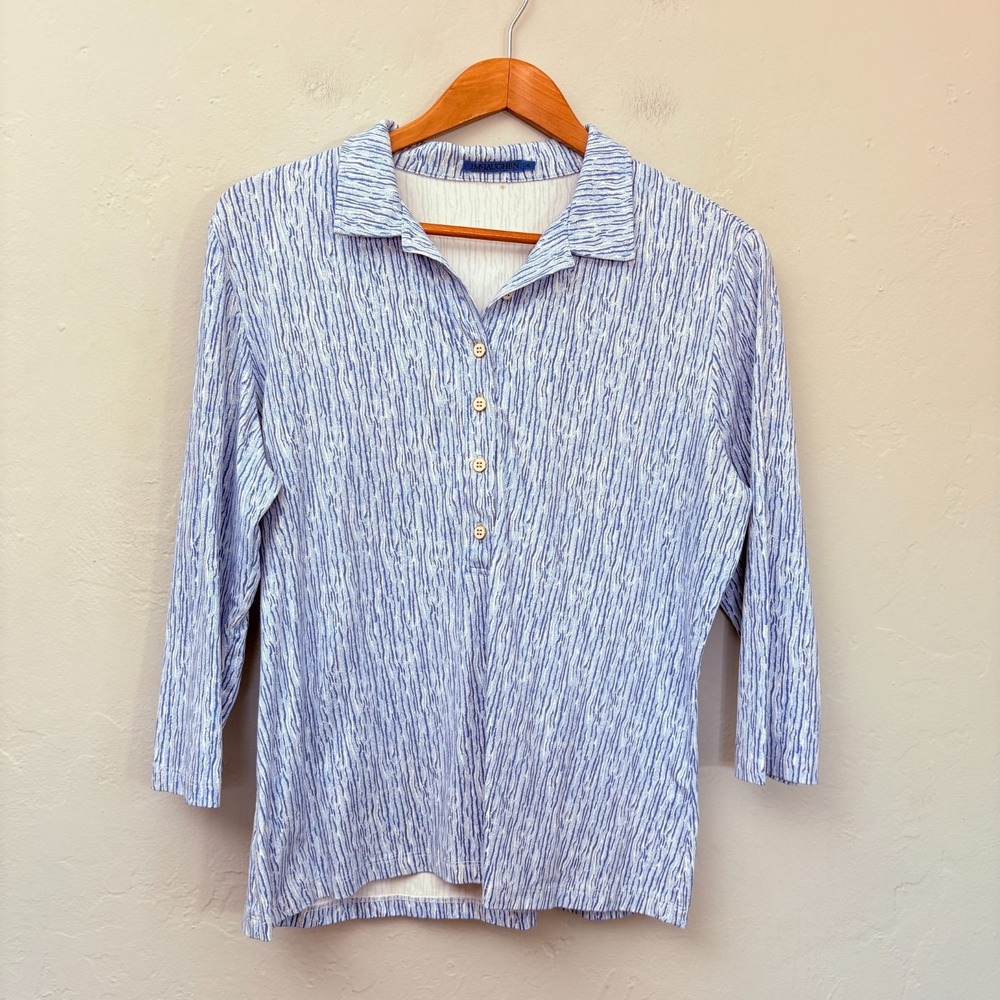 J McLaughlin Polo Women Size XL Blue White Catalina Cloth 3/4 Sleeve FLAW